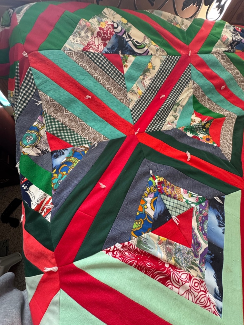 72” x 87” Vintage Handmade Patchwork Quilt – Log Cabin / Scrappy Design - Picture 4 of 14